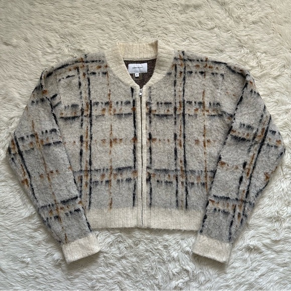 Current/Elliott Sweater The Bets Mohair Full Zip Cardigan Jacket Plaid Cream M - Picture 2 of 12